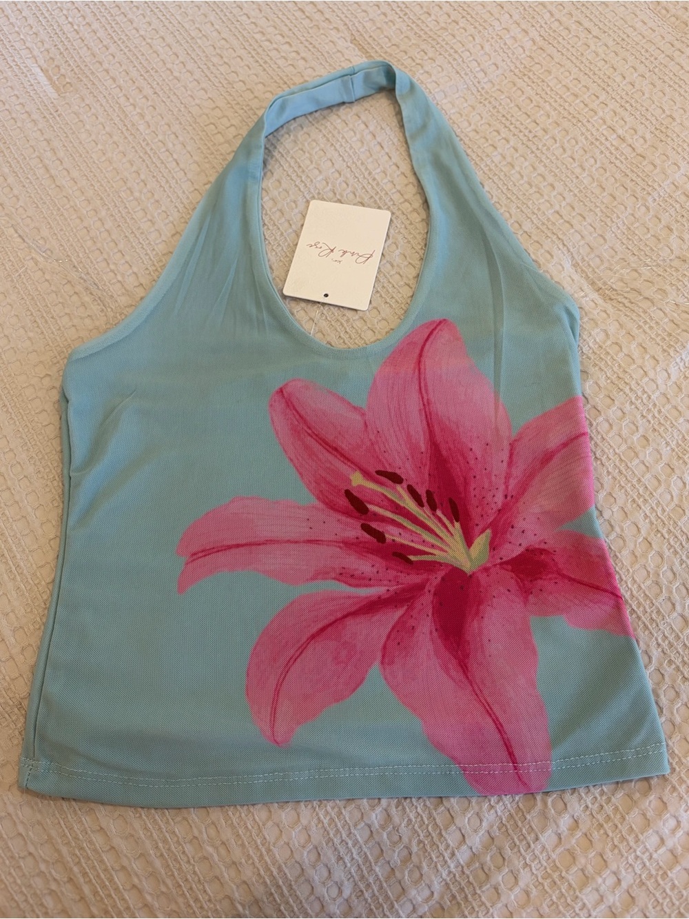 NWT! Pink Rose Women’s Blue Halter Top Pink Lily Flower Trendy Y2K Size Medium
